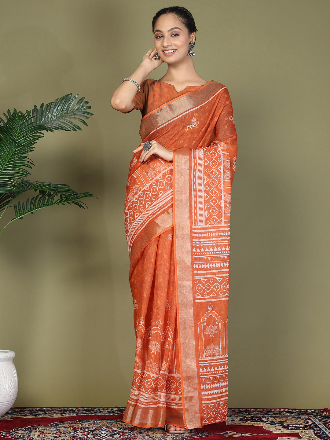 Pre Draped Orange Cotton Saree