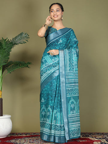 Pre Draped Teal Blue Cotton Saree