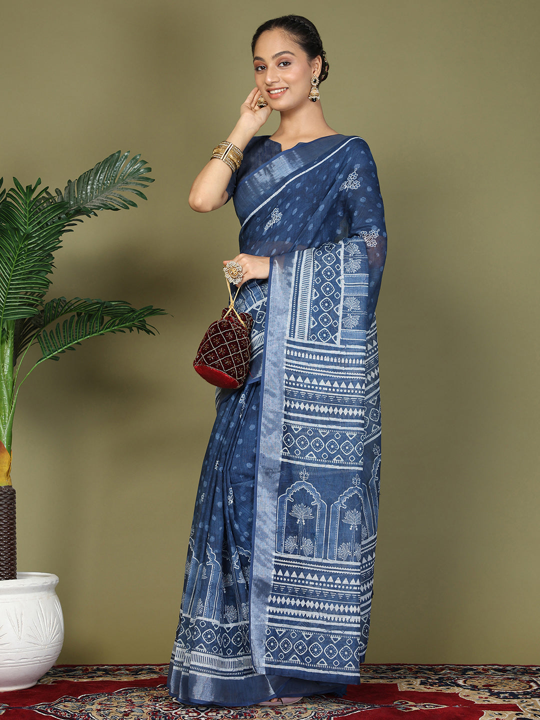 Pre Draped Blue Cotton Saree