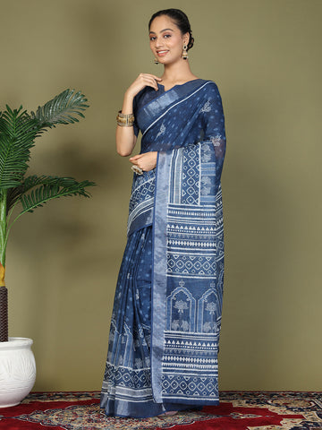 Pre Draped Blue Cotton Saree