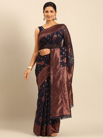 Sangam Navy Blue Cotton Saree