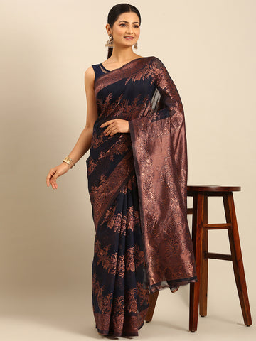 Sangam Navy Blue Cotton Saree