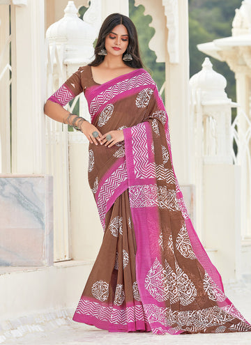 Sangam Brown & Pink Cotton Saree