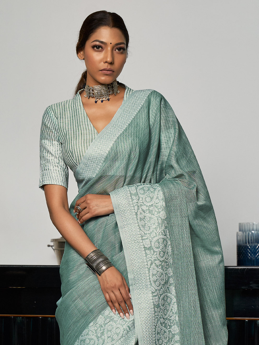 Pewter Gray Linen Saree