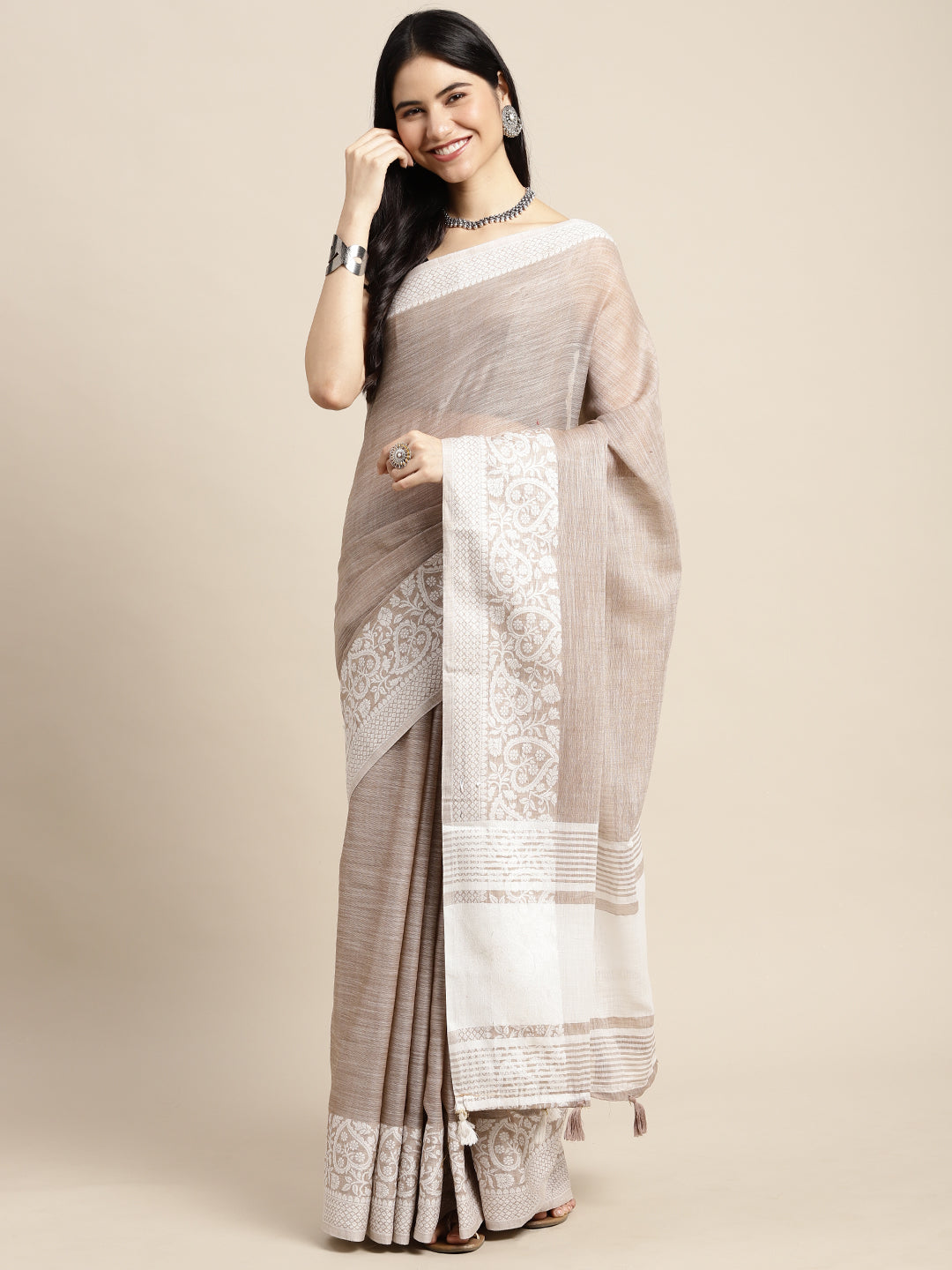 Beige Linen Saree