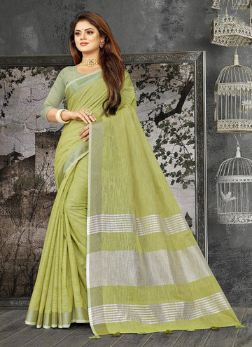 Sangam Rama Green Linen Saree