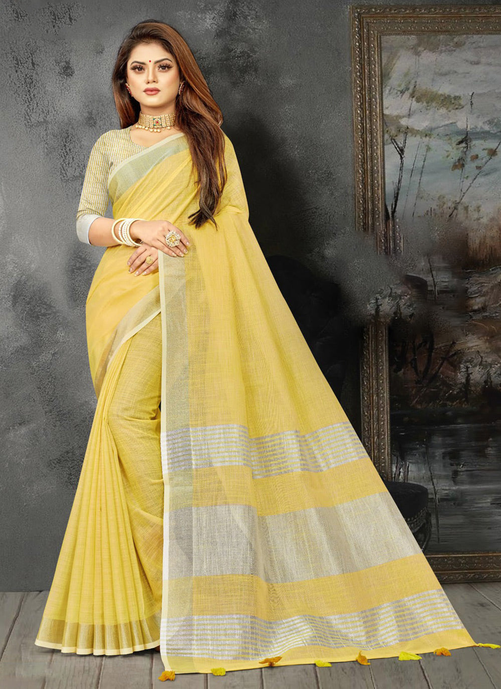 Sangam Yellow Linen Saree