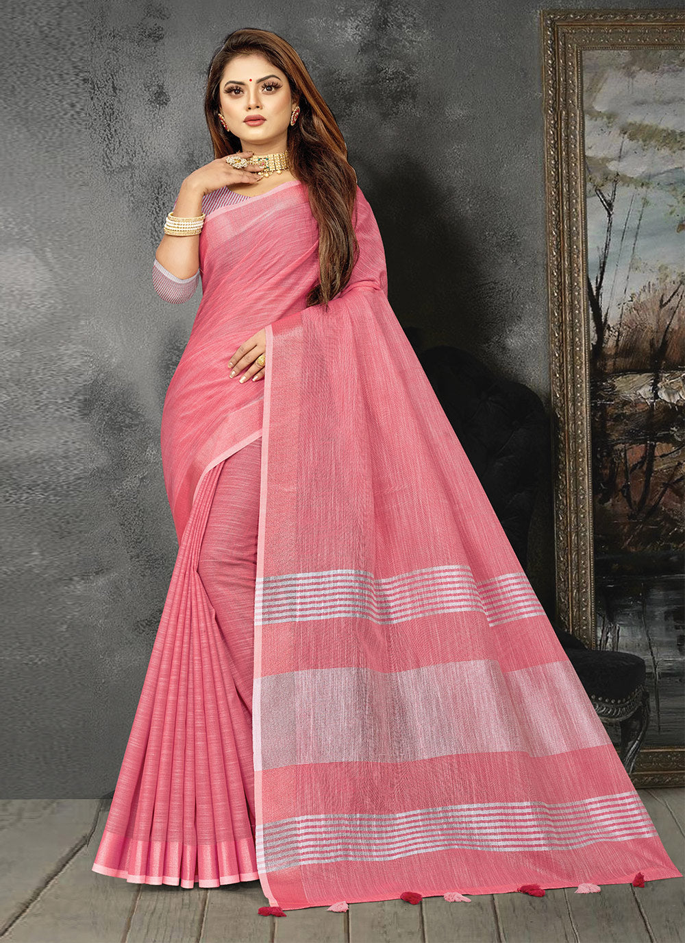 Pink Linen Saree