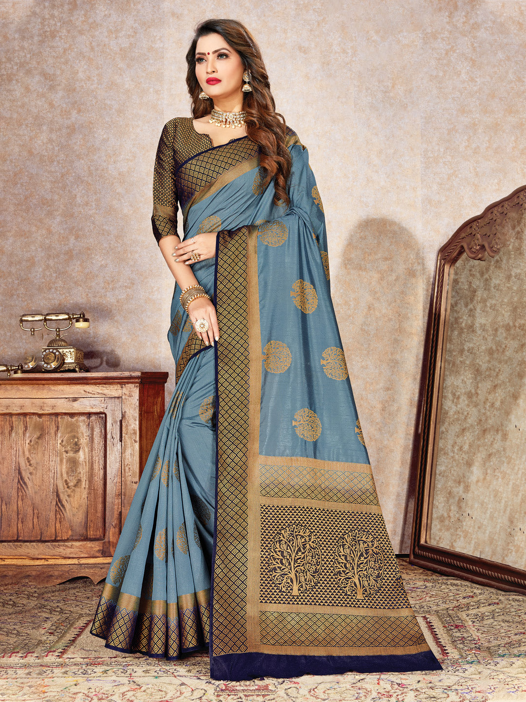 Sangam Gray Nylon Silk Saree