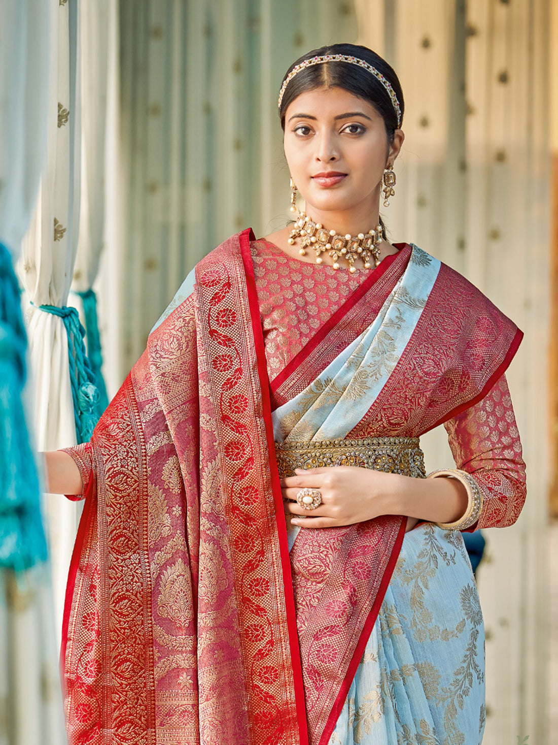 Sky Blue Linen Cotton Saree