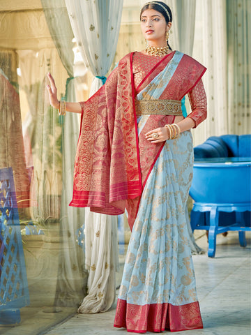 Sky Blue Linen Cotton Saree