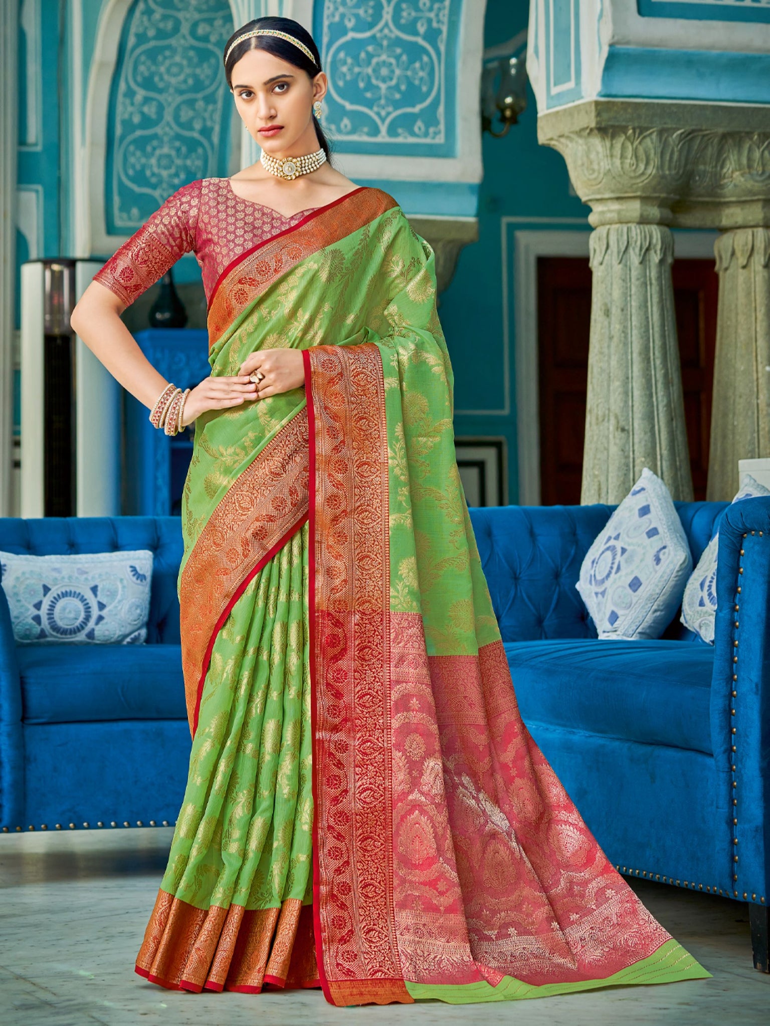 Mint Green Linen Cotton Saree