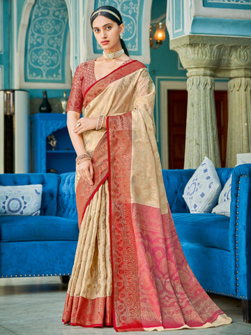 Beige Linen Cotton Saree