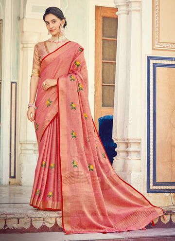 Sangam Peach Linen Saree