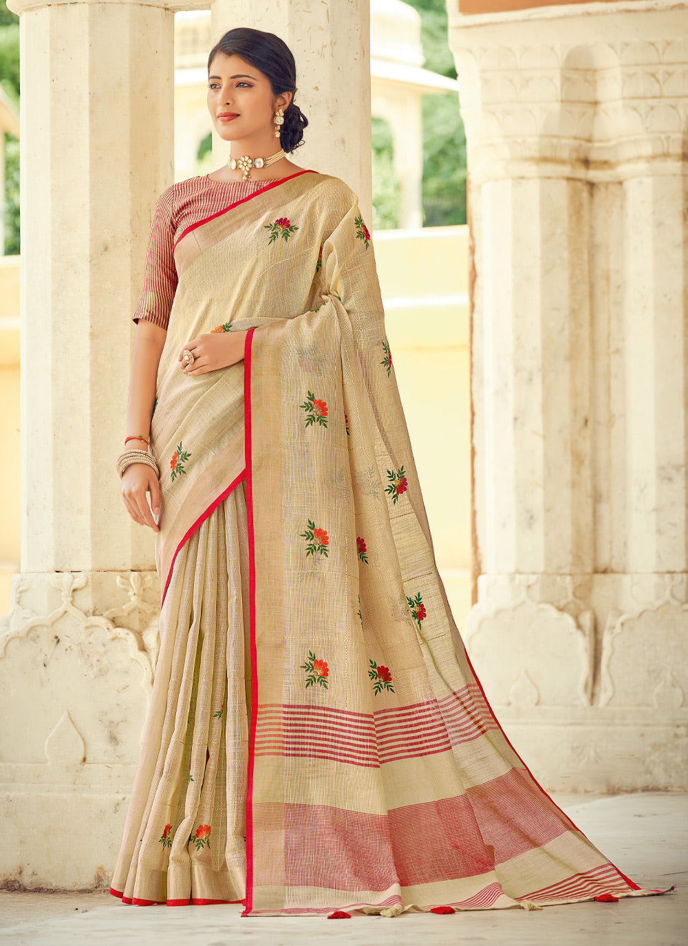 Cream Linen Saree