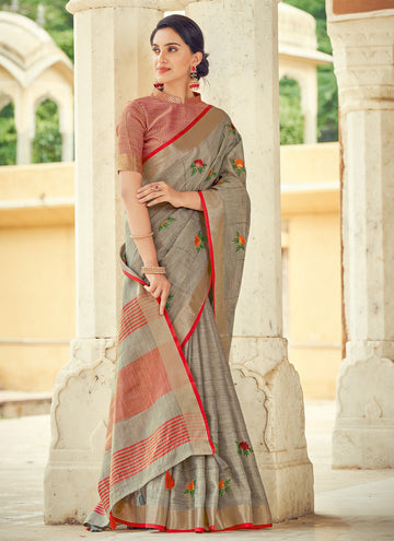 Sangam Gray Linen Saree