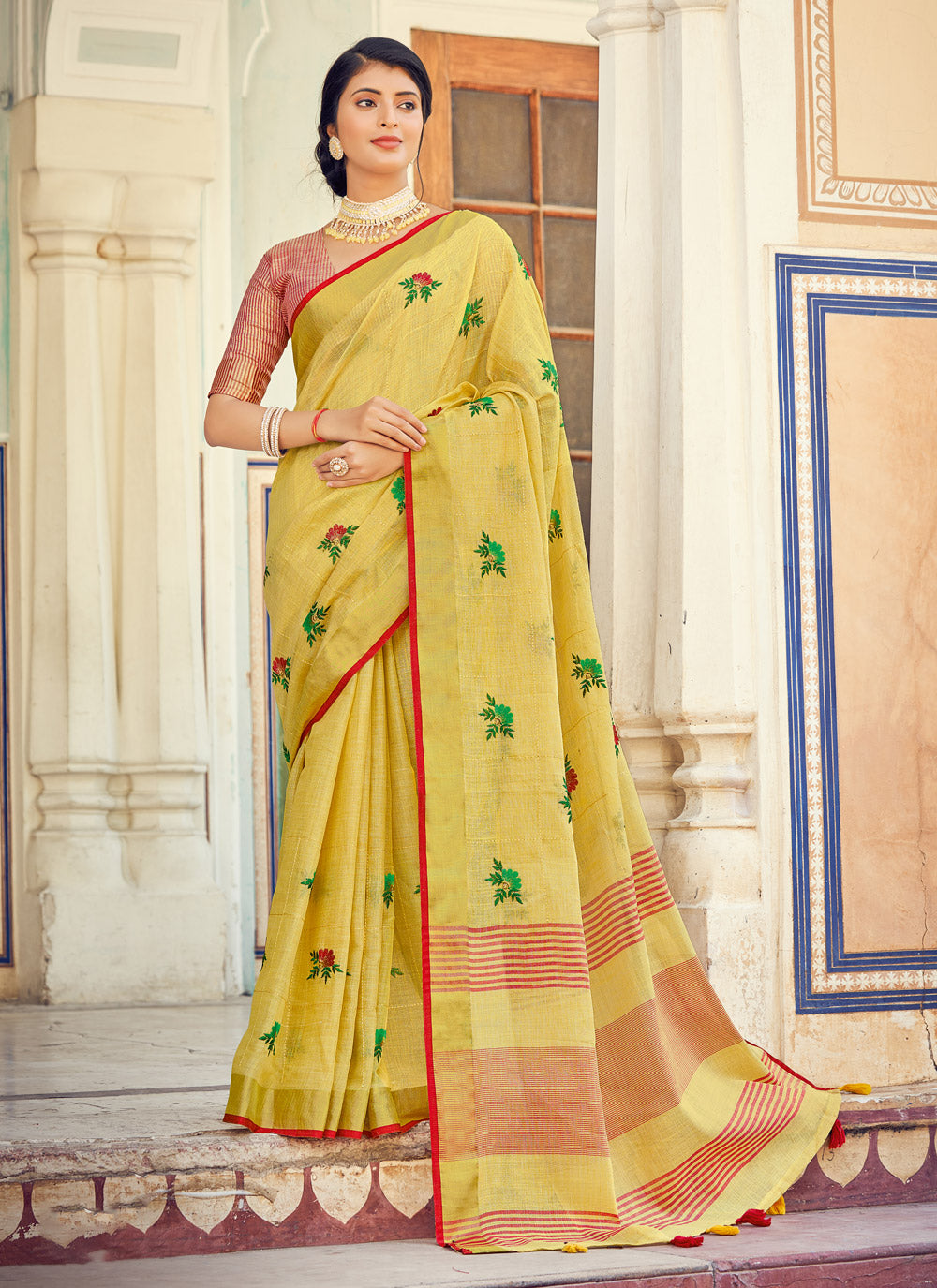 Sangam Yellow Linen Saree