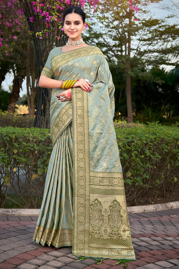 Sangam Steel Gray Satan Silk Saree