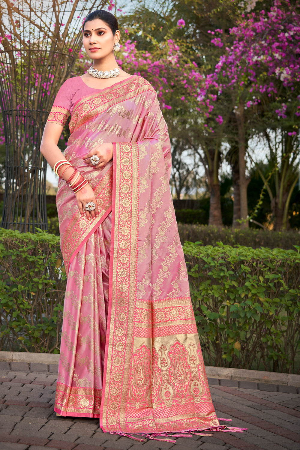 Sangam Taffy Pink Satan Silk Saree