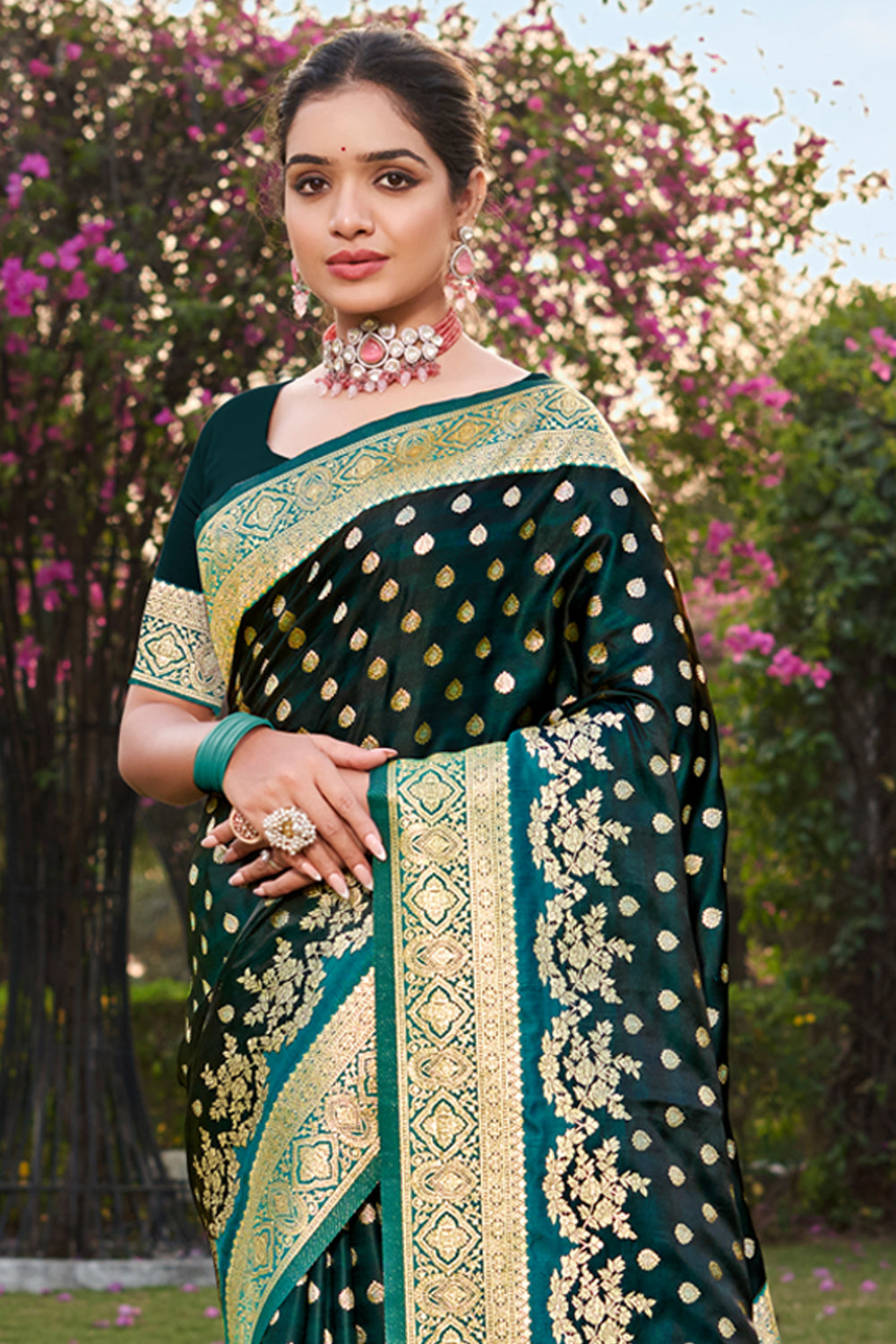 Sangam Dark Green Satin Silk Saree