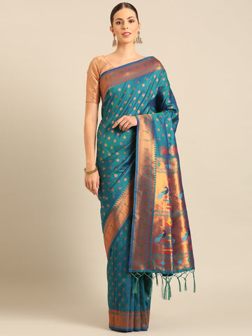 Sangam Teal Blue Banarasi Silk Saree