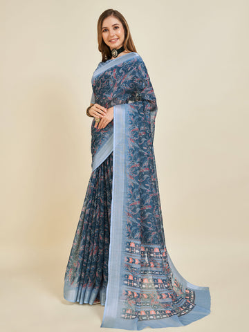 Sangam Navy Blue Linen Saree