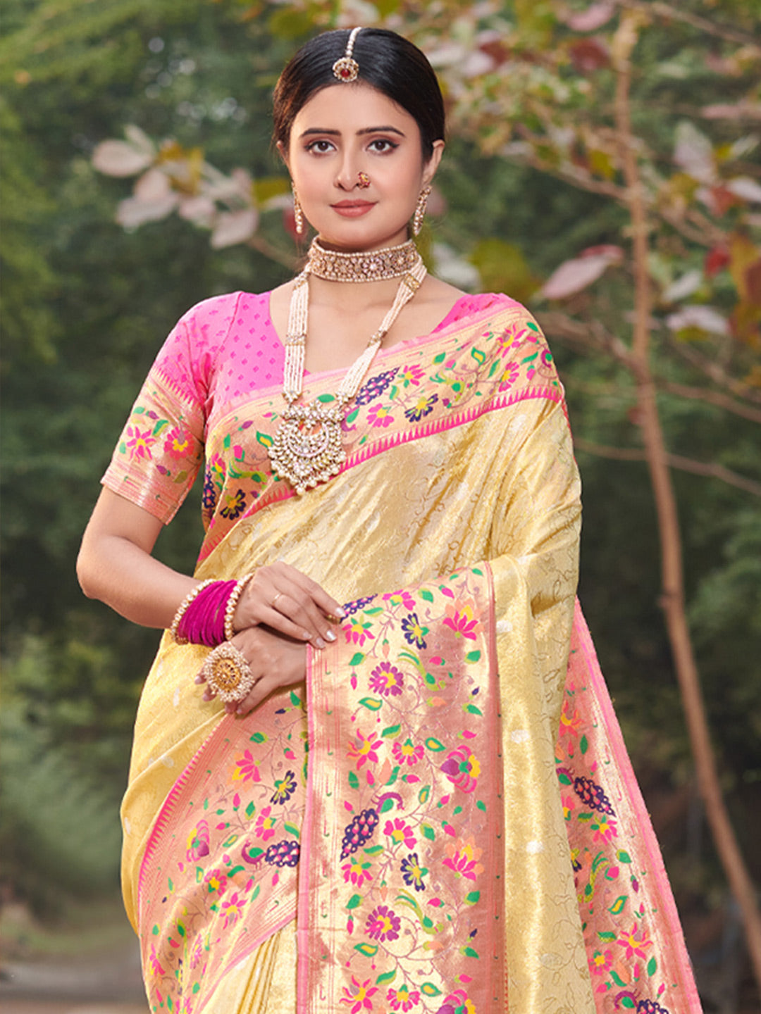 Sangam Cream Paithani Silk Saree