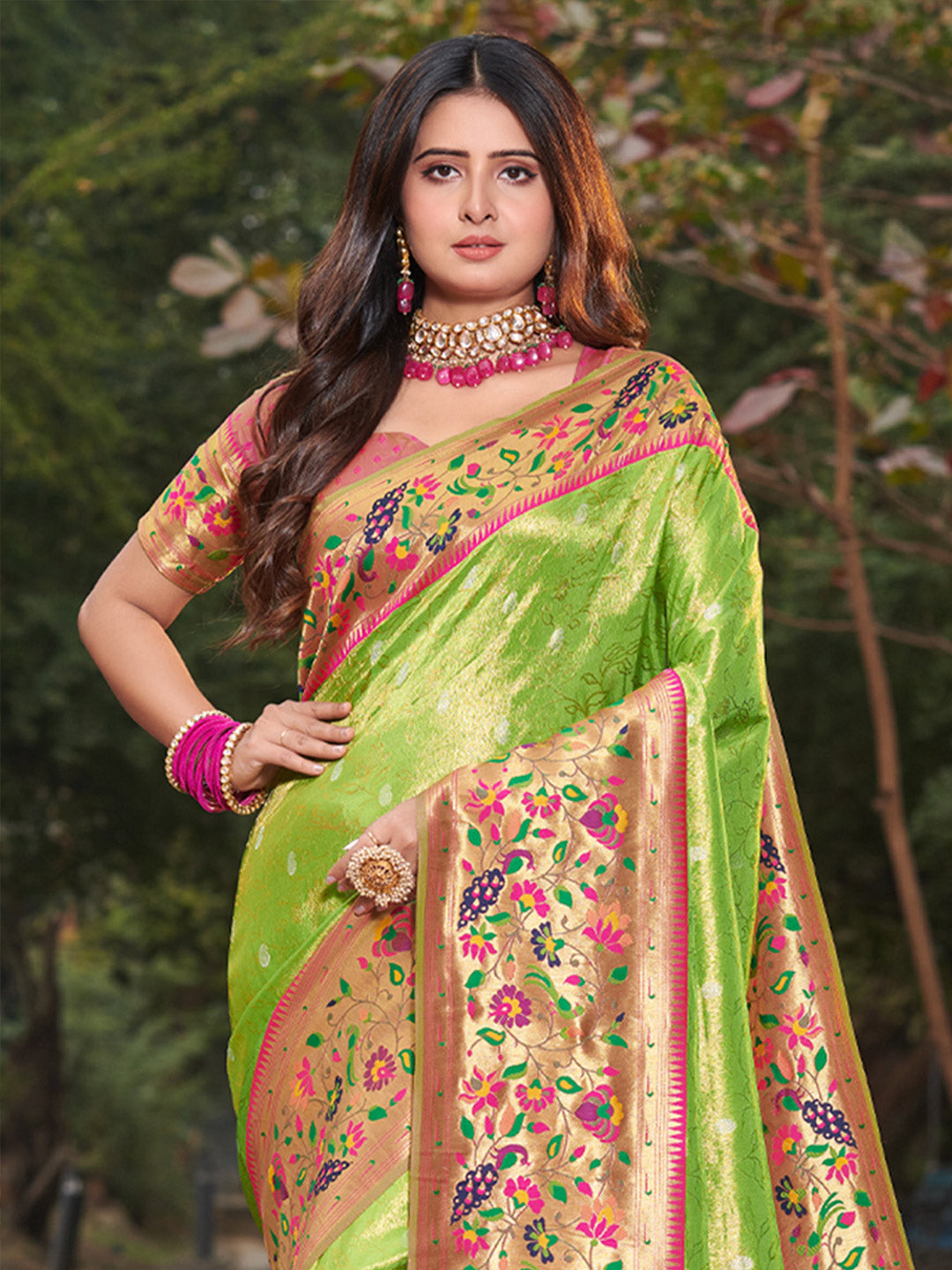 Sangam Parrot Green Paithani Silk Saree