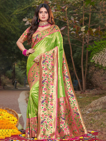 Parrot Green Paithani Silk Saree