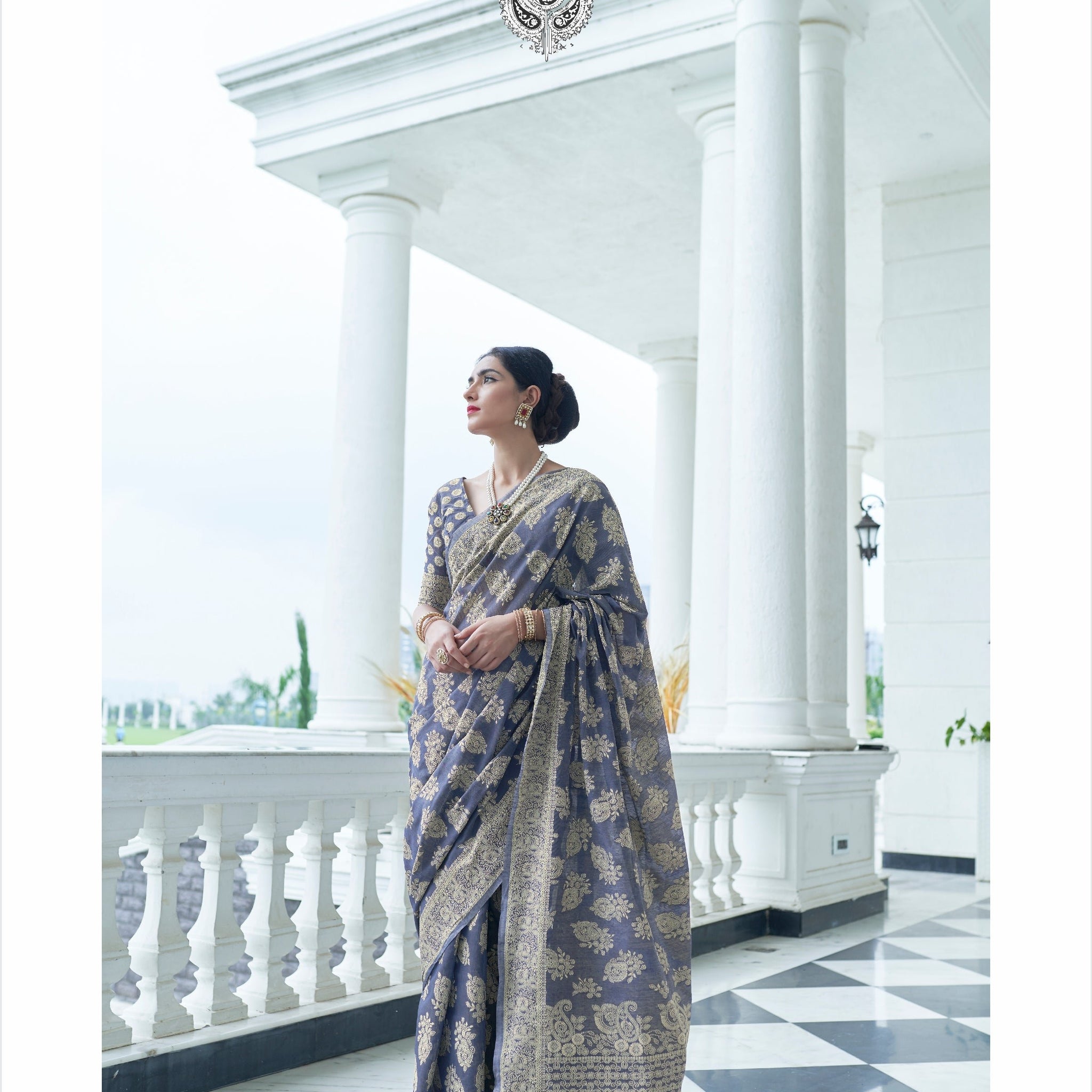 Steel Blue Chickankari Weaving Saree