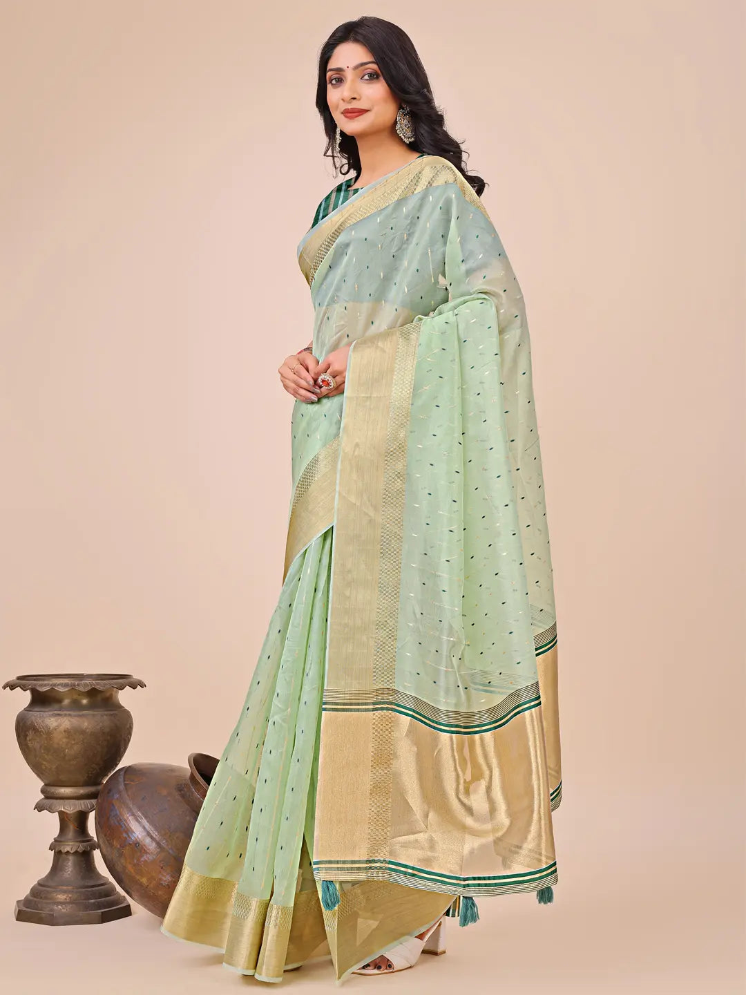 Olive Green Organza Saree