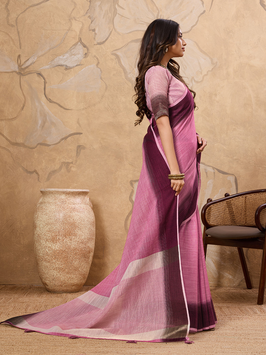 Pink Linen Saree