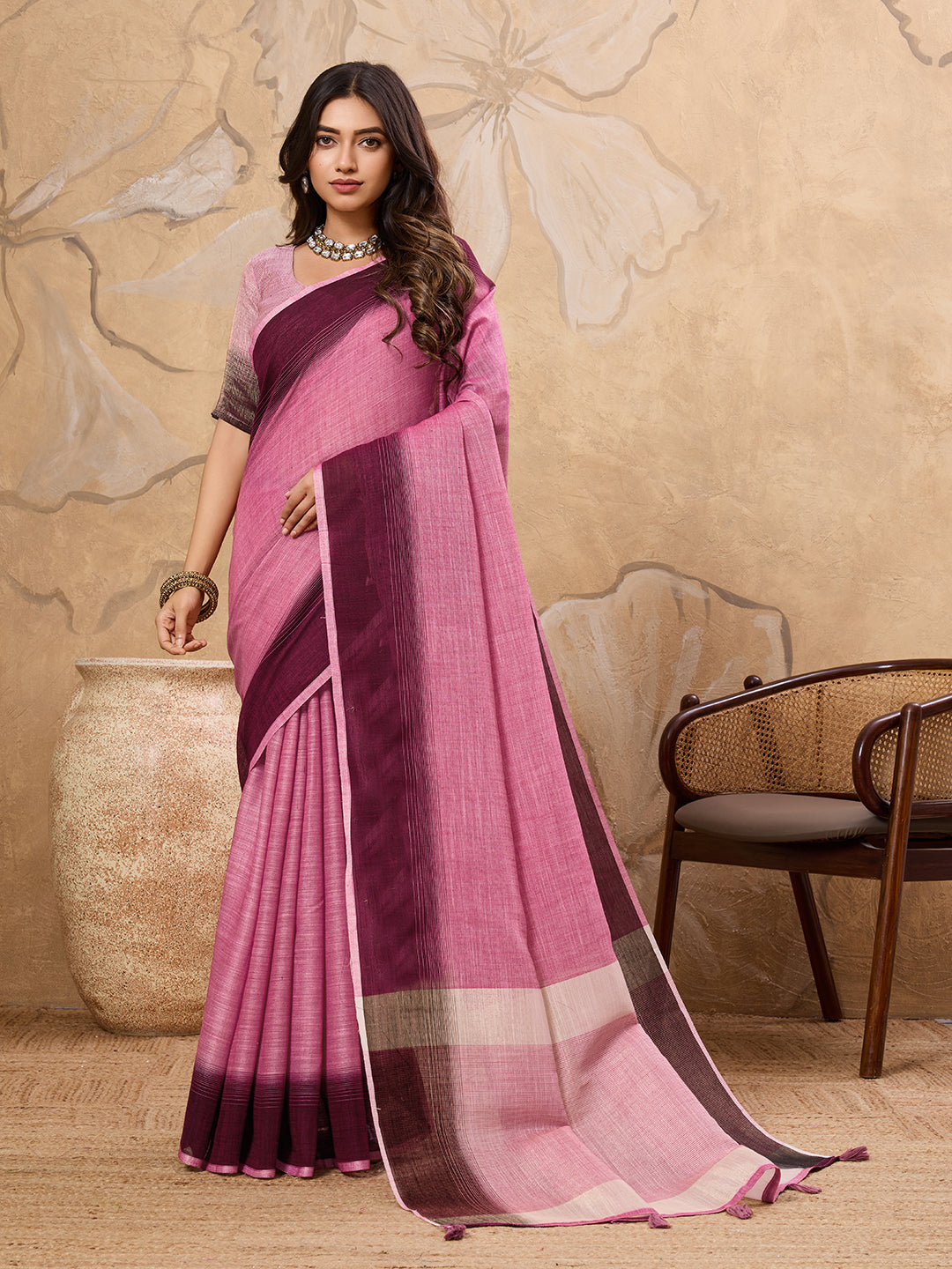Pink Linen Saree