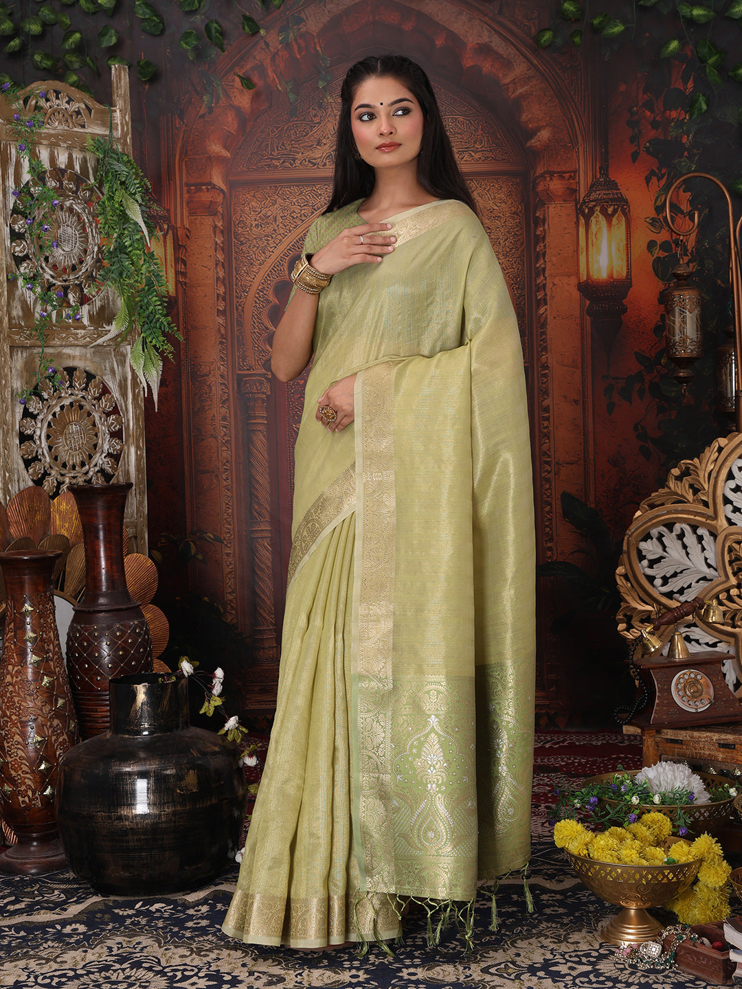 Olive Green Organza Saree