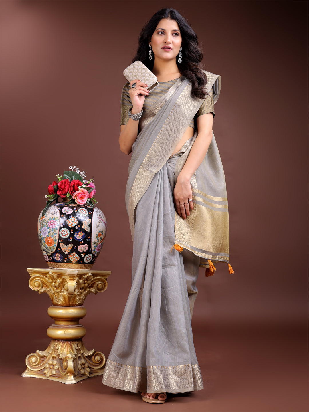 Gray Cotton Saree