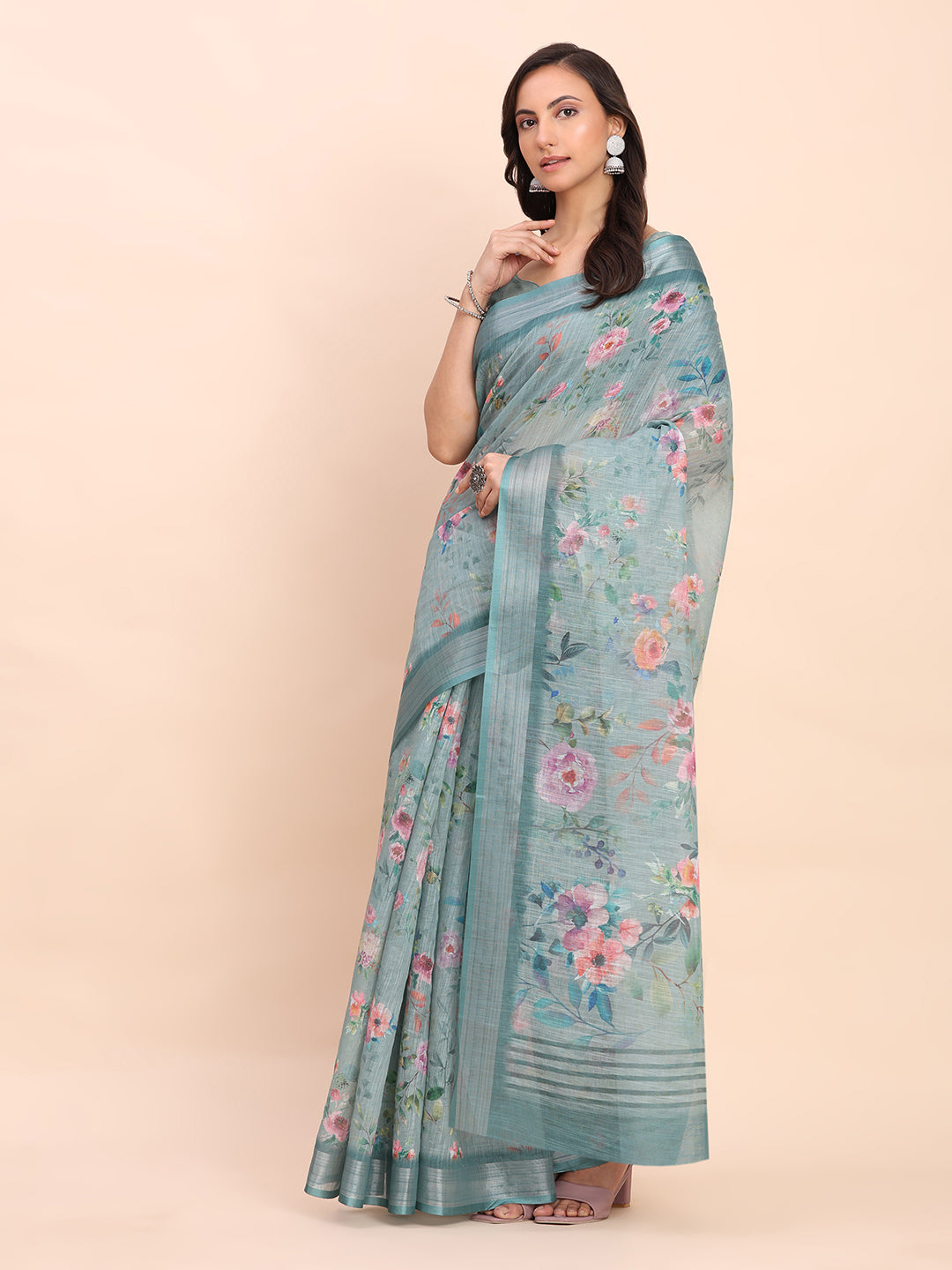 Sea Green Linen Cotton Saree