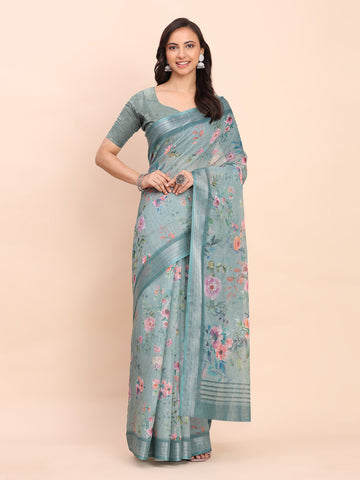 Sea Green Linen Cotton Saree