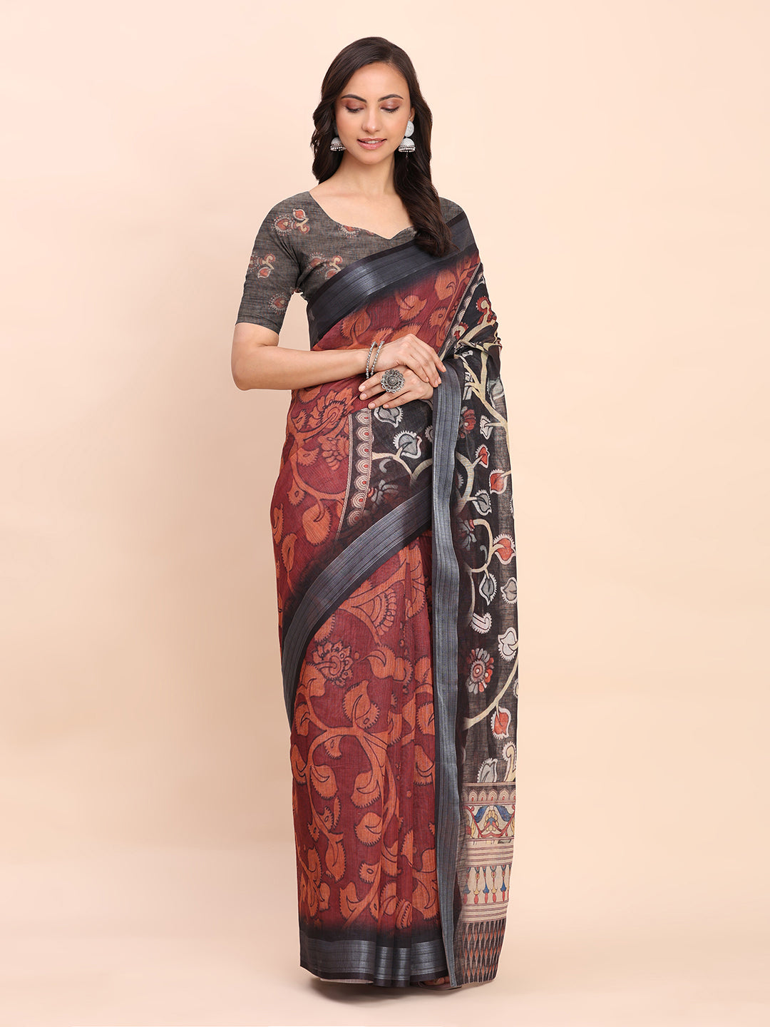 Maroon Linen Cotton Saree
