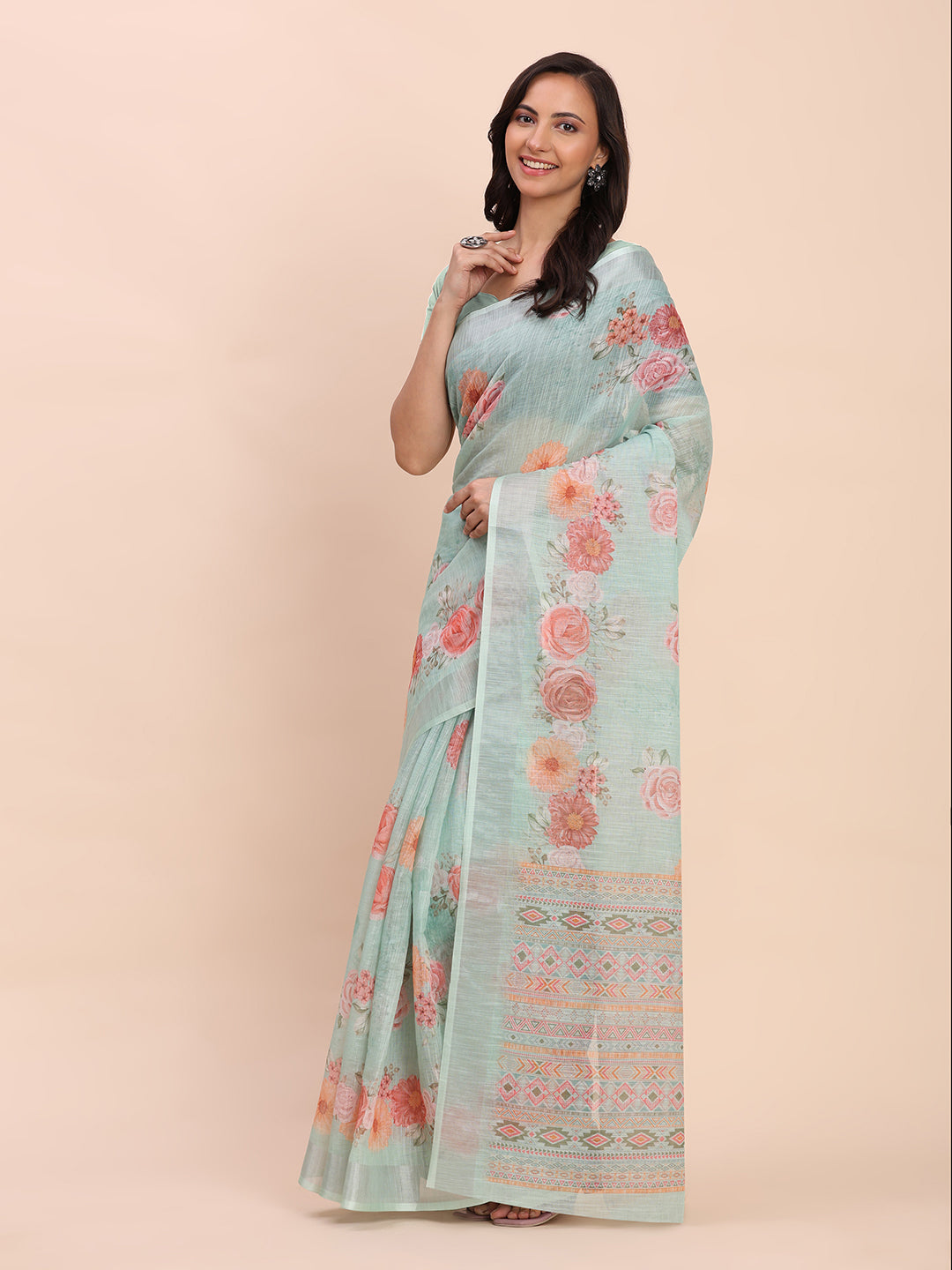 Sea Green Linen Cotton Saree