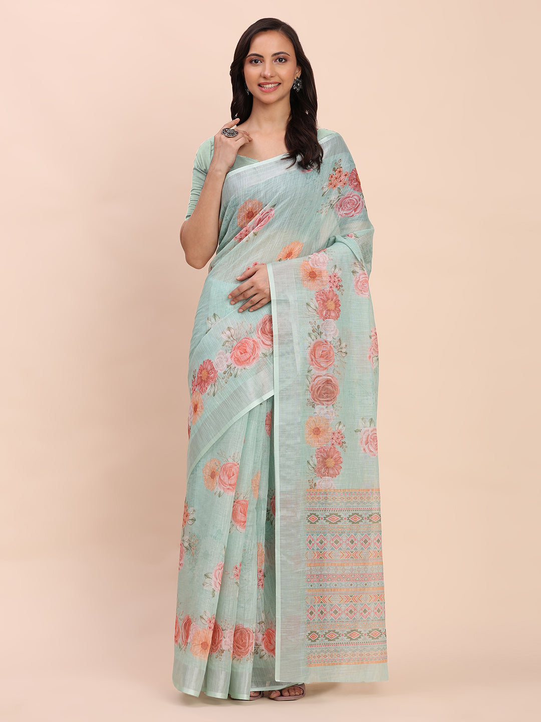 Sea Green Linen Cotton Saree