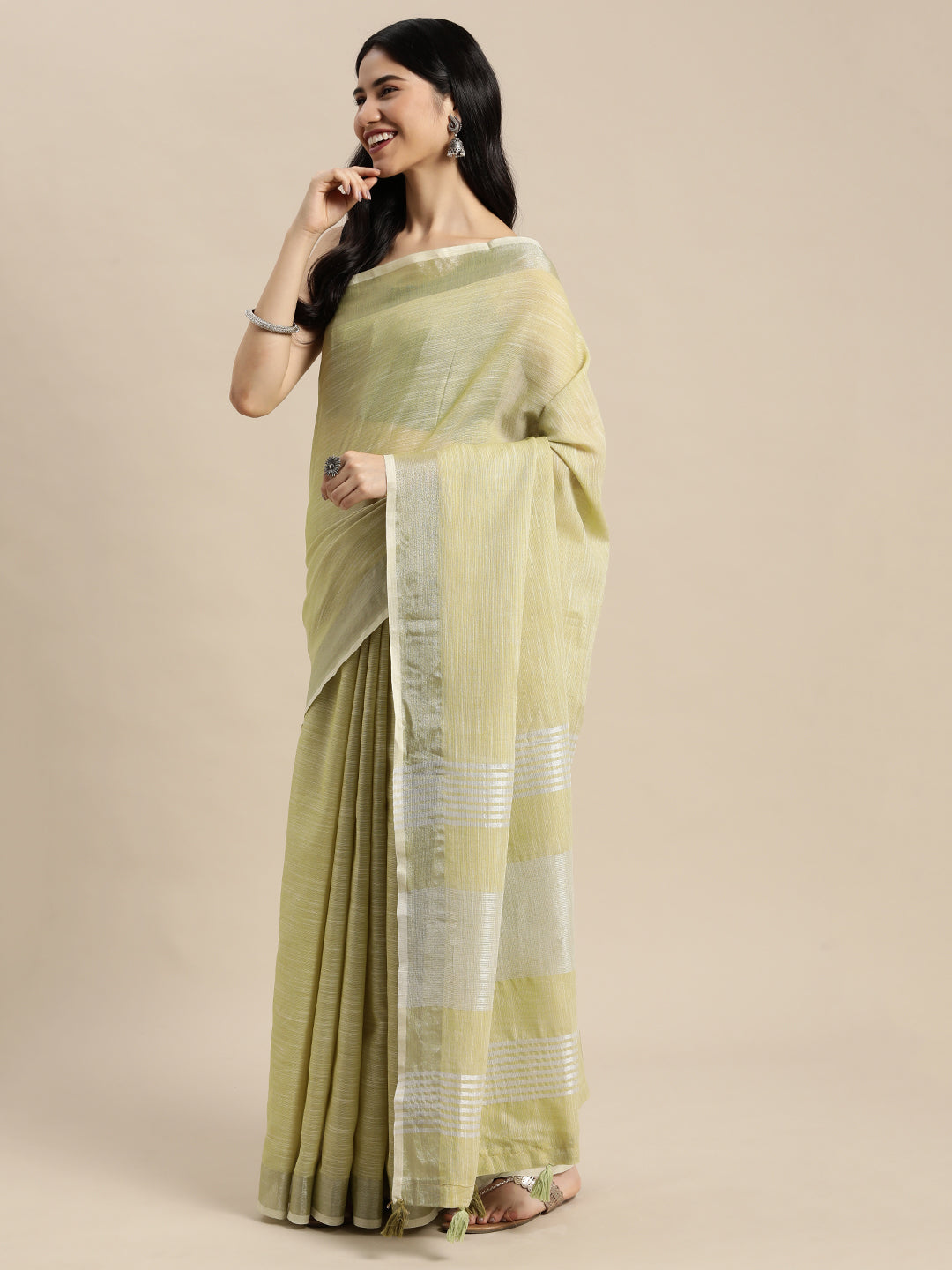 Olive Green Linen Cotton Saree