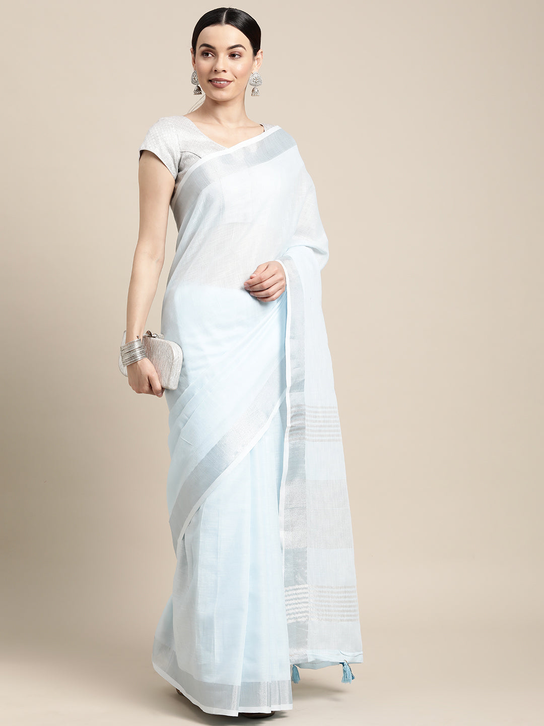 Sky Blue Linen Cotton Saree