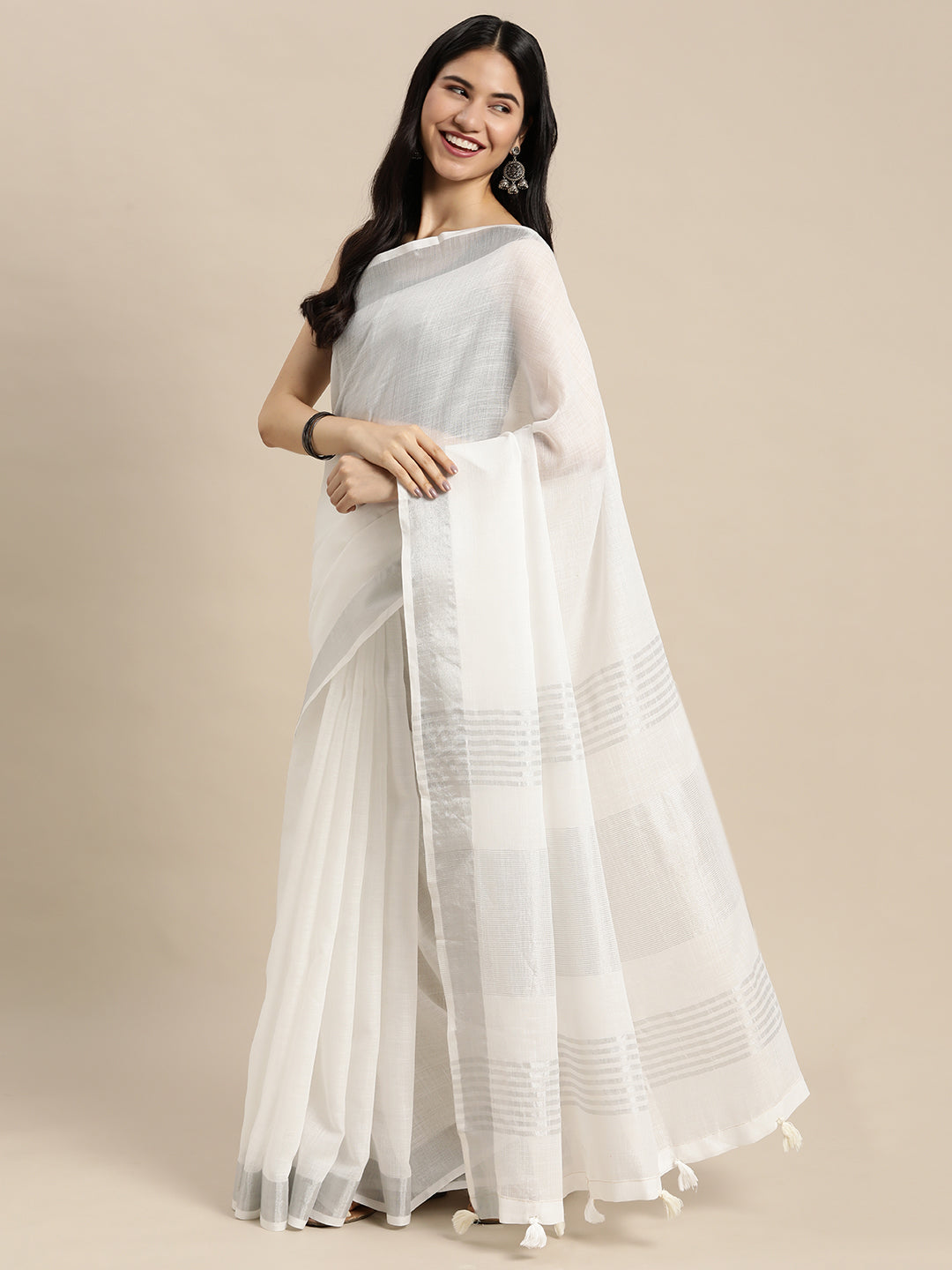 White Linen Cotton Saree