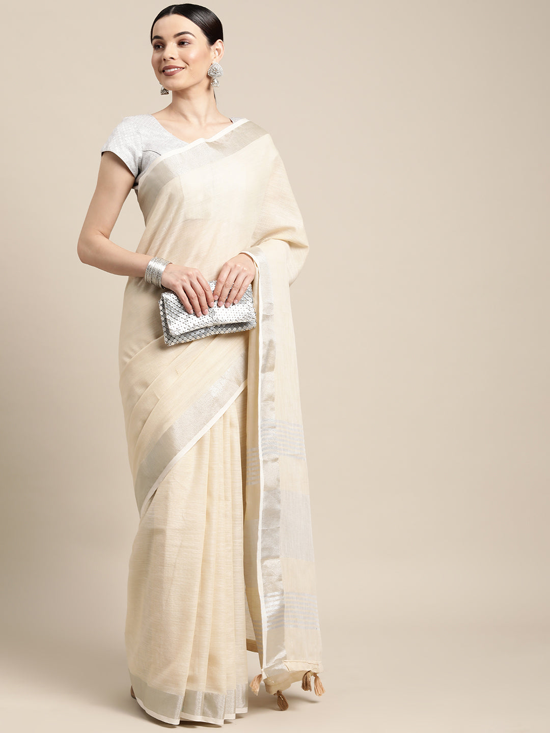 Cream Linen Cotton Saree