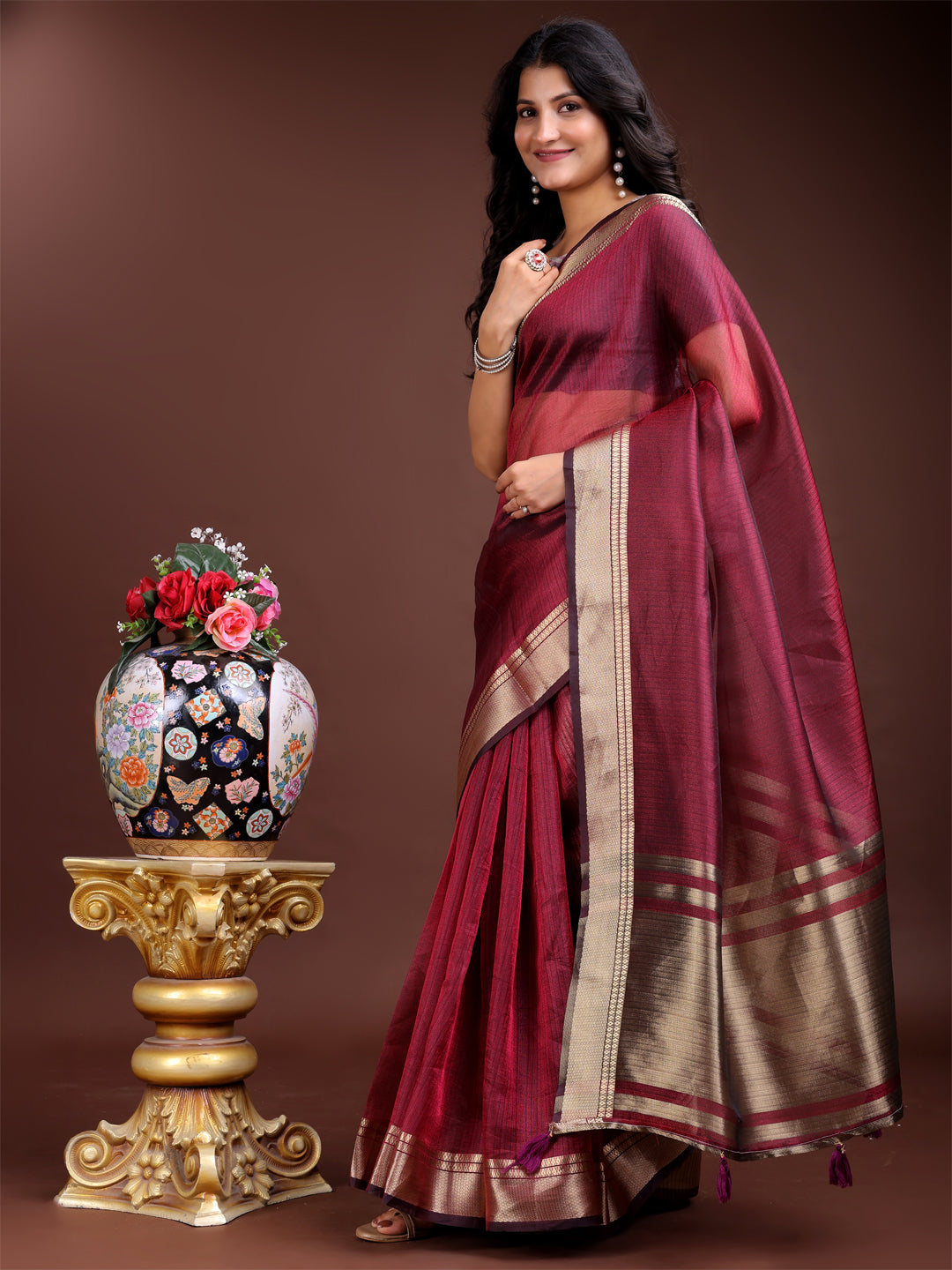 Magenta Pink Organza Saree