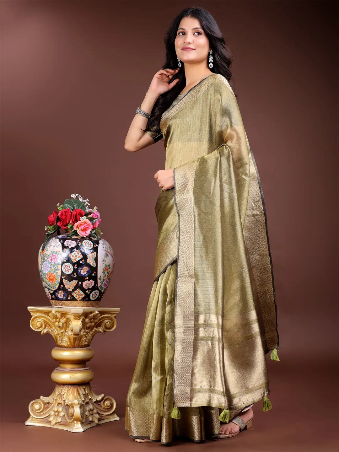 Olive Green Organza Saree