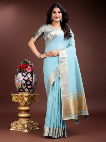 Pre-Draped Sky Blue Cotton Saree