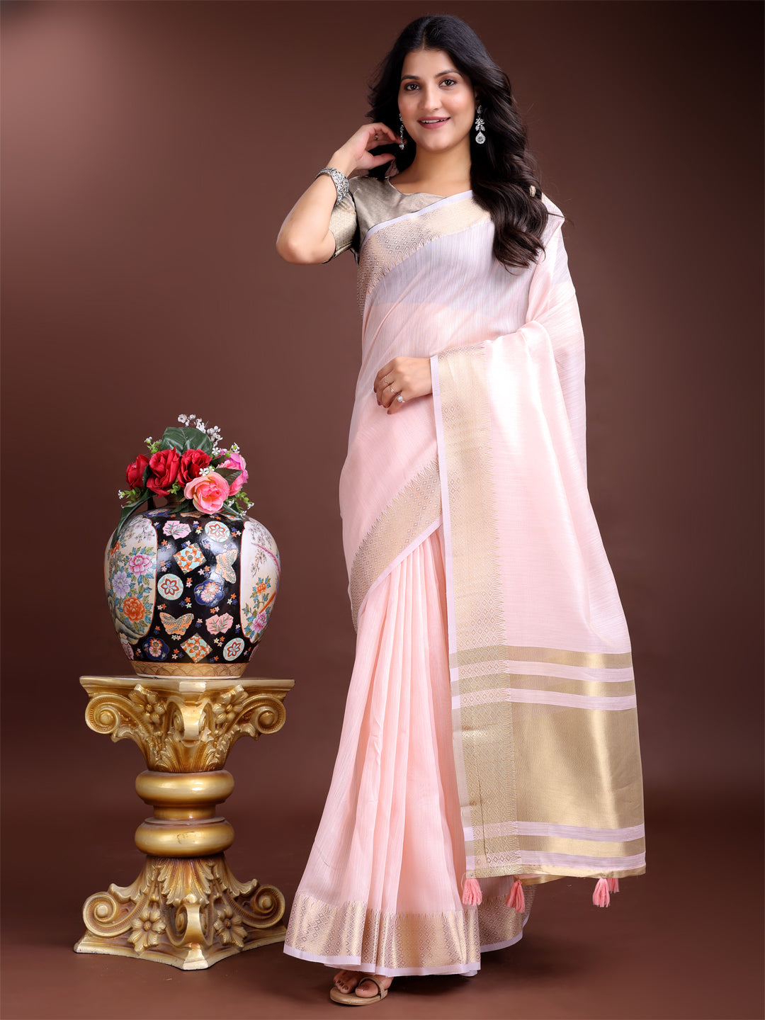 Pre-Draped Light Pink Cotton Saree