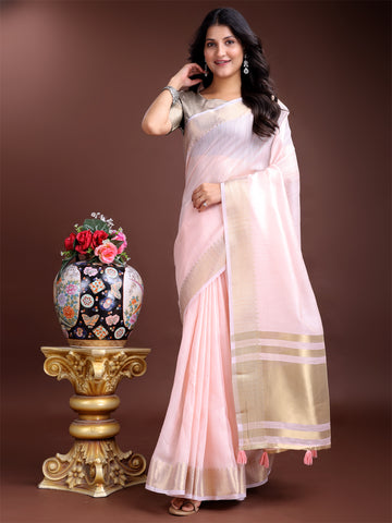 Pre-Draped Light Pink Cotton Saree