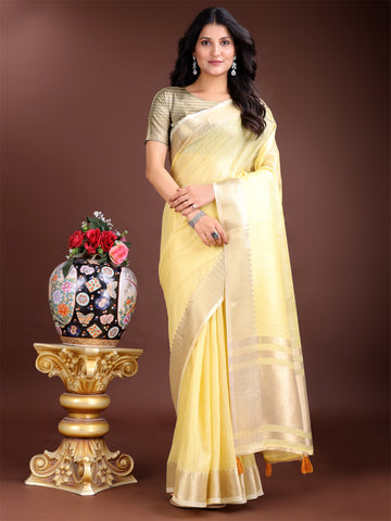 Pre-Draped Light Yellow Cotton Saree